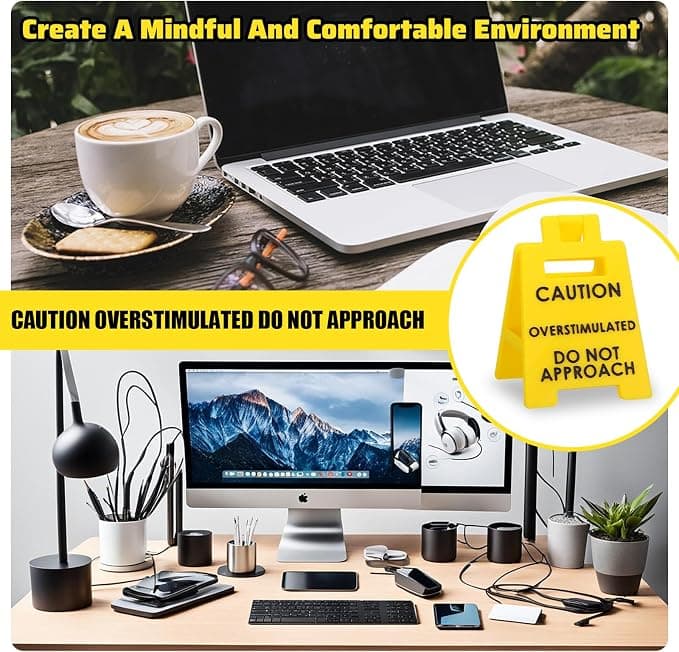 Funny Prank Gift Mini Caution Overstimulated Desk Sign for Coworkers Teammates Employees Boss (2PCS)