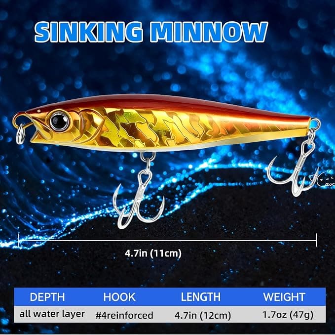 MYSOAS Jerkbait Fishing Lure Minnow 119S, Slow Sinking Saltwater Surf Fishing Lures with Tungsten Weight, Long Cast System, Through-Wire Construction, BKK 4X Hooks, for Halibut Striped Bass Surf Perch