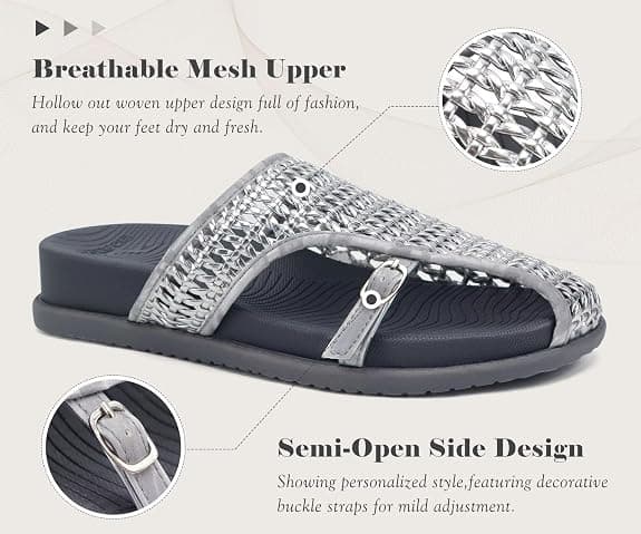 COFACE Womens Orthotic Sandals with Plantar Fasciitis Arch Support Summer Vacation Fashion Flats Sandles Beach Outfits Comfort Thick Cushio Dressy Slides Breathable Woven Mesh Mules, Silver Grey Size 10