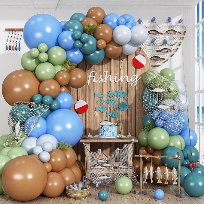 Ziophlux Gone Fishing Balloon Garland Arch Kit, 151pcs Fishing Themed Party Decorations for Birthday, Baby Shower, Father's Day, Under the Sea, with Light Blue Brown, Blue and Sage Green Balloons