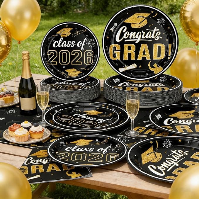 152Pcs Class of 2026 Graduation Party Supplies, 9’’ and 7’’ Black Graduation Plates and Napkins 2026 with Tablecloths, Disposable 2026 Tableware Set for 50 Guests, Graduation Party Decorations