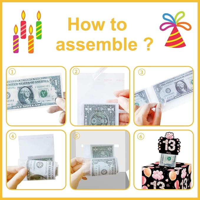 Azbuk 13th Birthday Money Box for Cash Gift, Pink Gold Surprise Birthday Gift Set