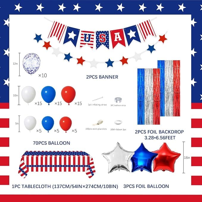 82 Pcs 4th of July Balloon Arch Garland Kit, Red White Blue Confetti Balloons Foil Fringe Backdrop USA Banner and Tablecloth, Patriotic Party Decorations for Memorial Day Labor Day