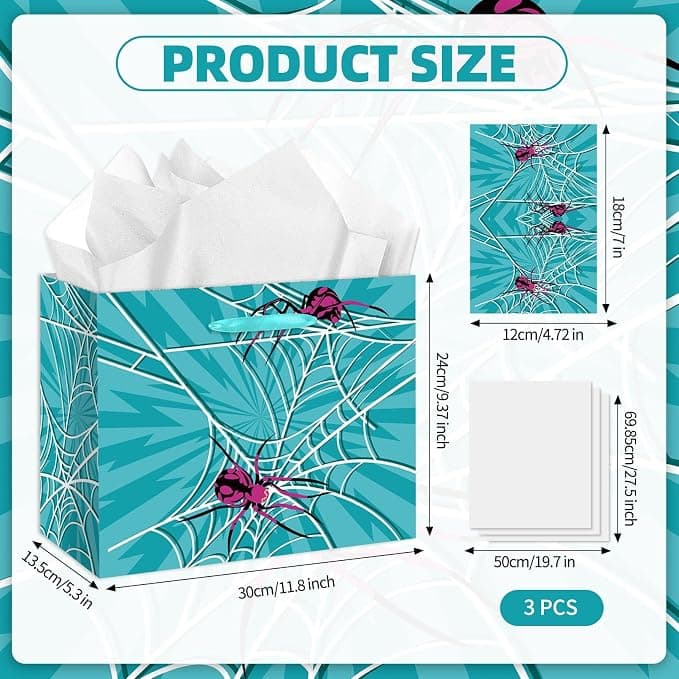 HZRNNA Blue Web Gift Bag, Large Birthday Gift Bag with Tissue Paper and Card for Halloween, Cosplay, and Birthday Party Decorations for Boy Girl