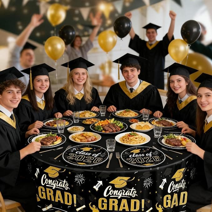 152Pcs Class of 2026 Graduation Party Supplies, 9’’ and 7’’ Black Graduation Plates and Napkins 2026 with Tablecloths, Disposable 2026 Tableware Set for 50 Guests, Graduation Party Decorations