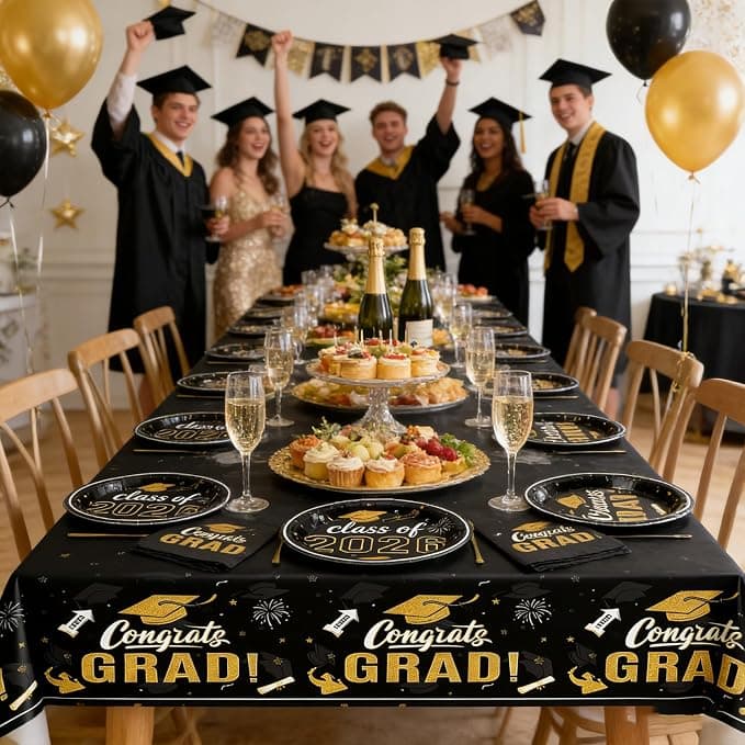 152Pcs Class of 2026 Graduation Party Supplies, 9’’ and 7’’ Black Graduation Plates and Napkins 2026 with Tablecloths, Disposable 2026 Tableware Set for 50 Guests, Graduation Party Decorations