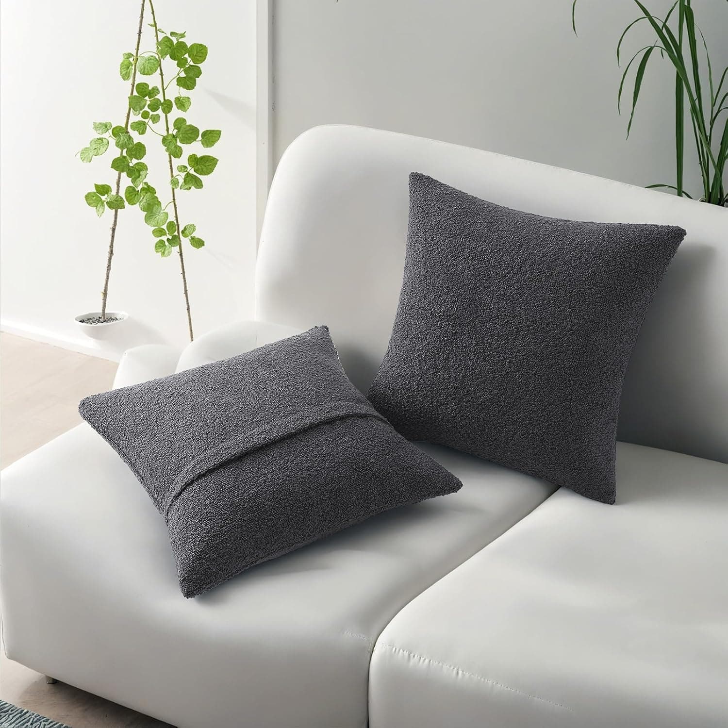 HAUSSY Pack of 2 Pillow Covers 18x18 Inch, Boucle Decorative Throw Pillows Soft Boho Neutral Cushion Covers Home Decor Modern Pillow Cases for Couch Living Room Sofa Bed, Dark Grey (Covers Only)