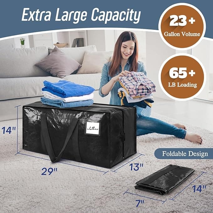 Demao Black Large Moving Bags,6 Pack Heavy Duty Storage Bags,Packing Bag with Handles & Zippers,Foldable Moving Tote Storage Box for Clothes,Relocation,College Dorm & Travel Storage-Moving Essentials