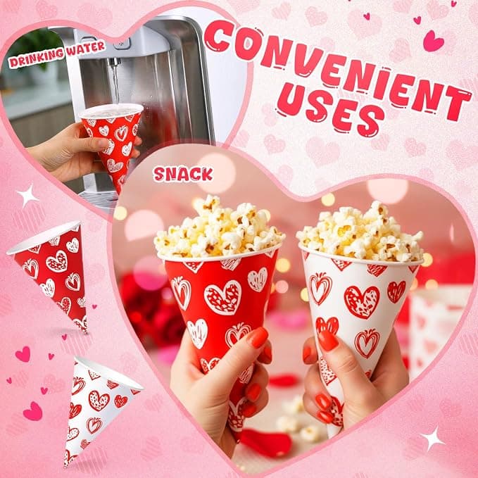 Honeydak 50 Pcs Snow Cone Cups 6 oz Disposable Paper Cone Cups, Red and White Patterned Shaved Ice Cup for Slushies, Ice Cream, Dessert Stations, Backyard Parties and Carnival Supplies