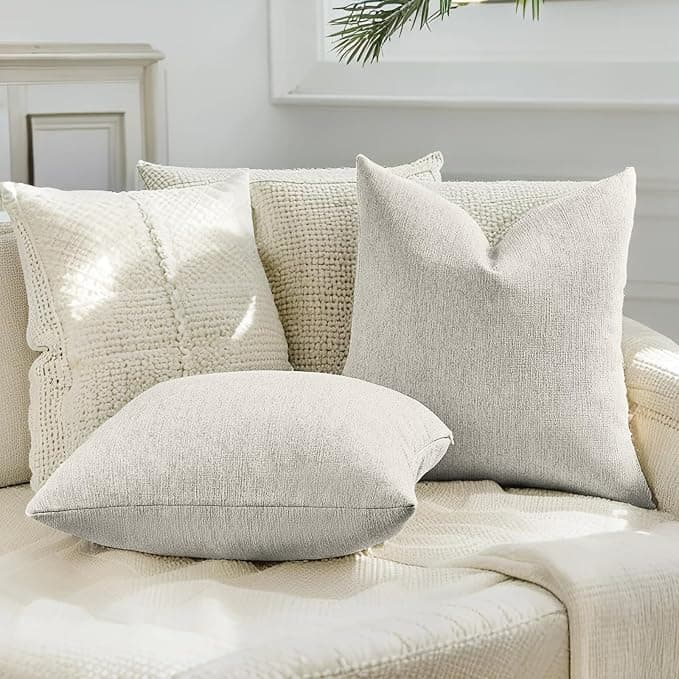 HAUSSY Pack of 2 Faux Linen Pillow Covers 16x16 Inch, Decorative Throw Pillows Soft Boho Neutral Cushion Covers Home Decor Modern Pillowcase for Couch Living Room Sofa Bed, Ivory White (Covers Only)