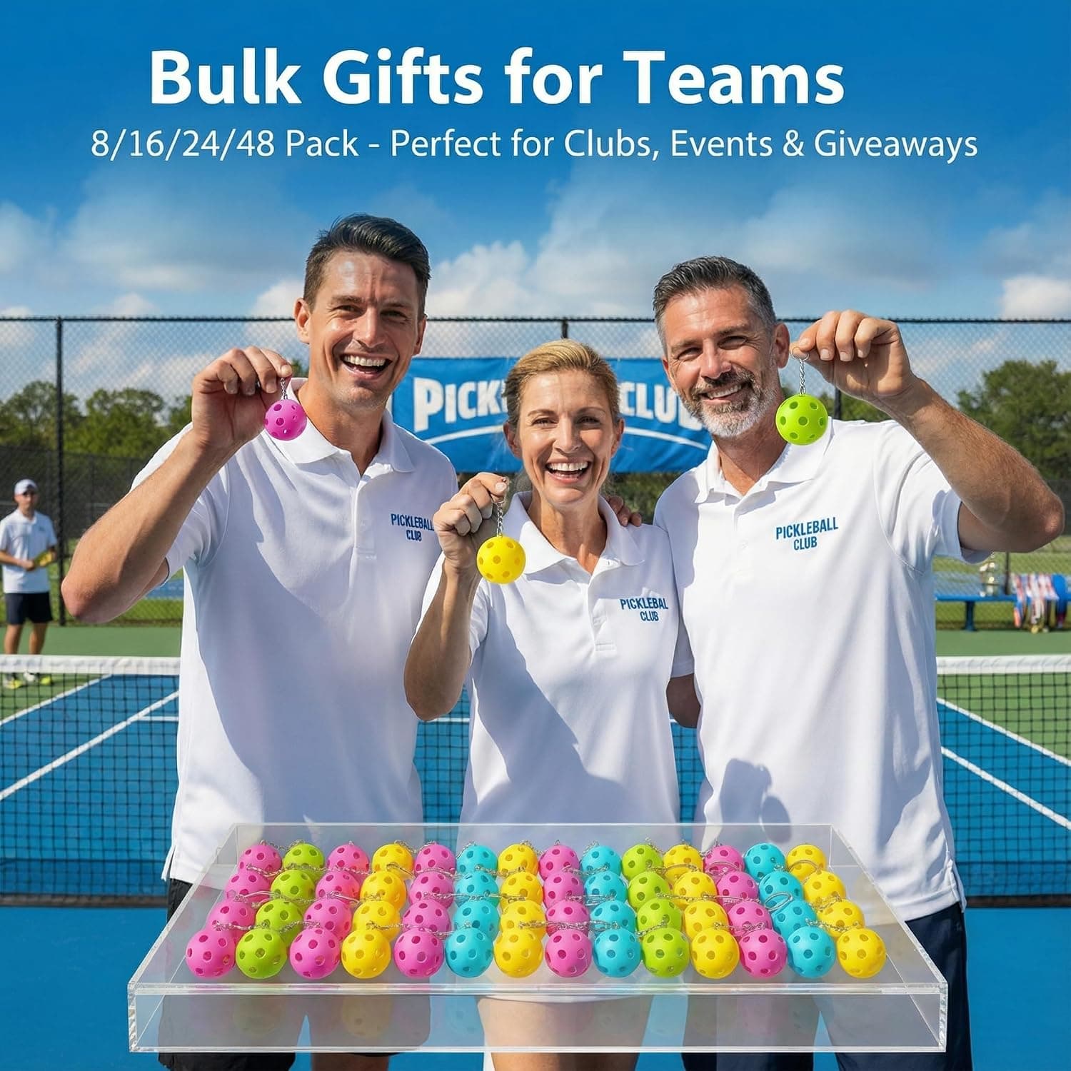 Pickleball Keychain Set 8/16/24/48 Pack - Fun Unique Gifts for Women Men & Lovers - Bulk Team Accessories Party Favors