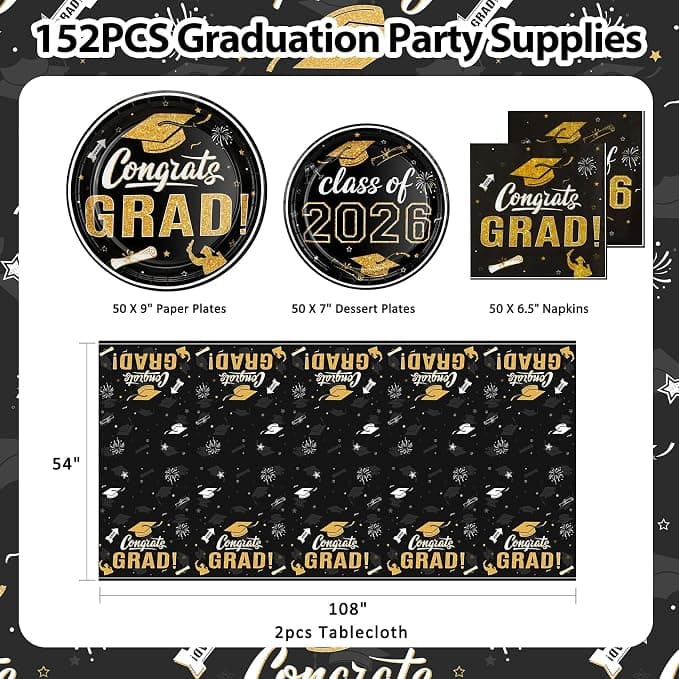 152Pcs Class of 2026 Graduation Party Supplies, 9’’ and 7’’ Black Graduation Plates and Napkins 2026 with Tablecloths, Disposable 2026 Tableware Set for 50 Guests, Graduation Party Decorations