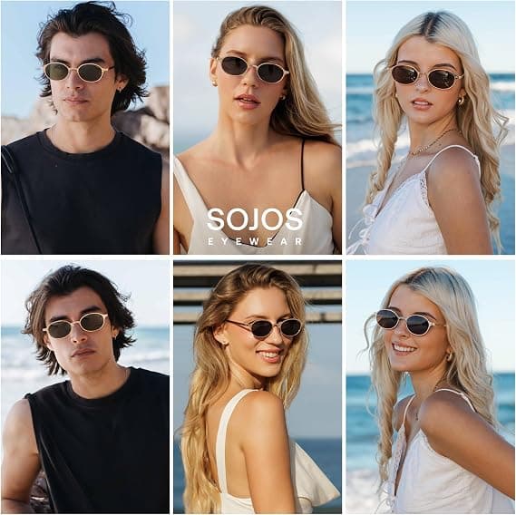 SOJOS Small Retro Oval Polarized Sunglasses Womens Mens, 80s 90s Chic Trendy Round Metal Frame Sunnies SJ1260, Gold/Grey