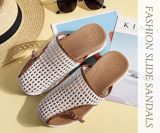 COFACE Womens Orthotic Sandals with Plantar Fasciitis Arch Support Summer Vacation Fashion Flats Sandles Beach Outfits Comfort Thick Cushio Dressy Slides Breathable Woven Mesh Mules, White Khaki Size 9