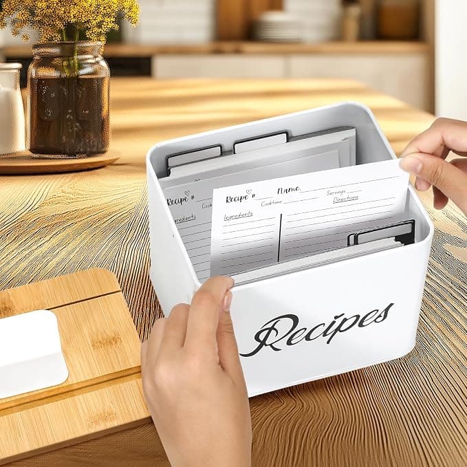 BooGoose. White Stainless Steel Recipe Box - Bamboo Lid With Phone Holder, Phone Stand and Recipe Card Holder - Includes Set of 50 3.9"x5.9" Recipe Cards and 12 Recipe Card Dividers