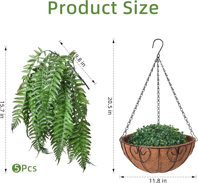 FancyPlus Artificial Hanging Plants Outdoor, UV Resistant Fake Fern Faux Greenery for Outside Planter Patio Home Garden Decor (5 Branches&1 Basket)