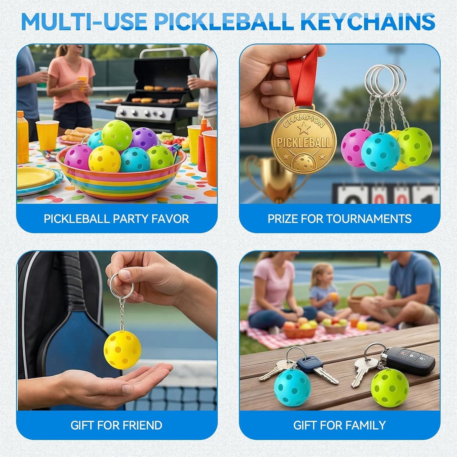 Pickleball Keychain Set 8/16/24/48 Pack - Fun Unique Gifts for Women Men & Lovers - Bulk Team Accessories Party Favors