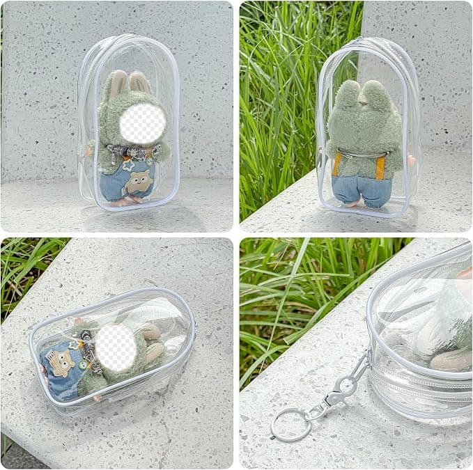 Clear Figure Display Case, Protective Case for Plush Doll Storage Bag PVC Hanging Doll Cover Pouch with Keychain for 17cm Dolls Accessories.
