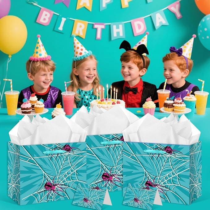 HZRNNA Blue Web Gift Bag, Large Birthday Gift Bag with Tissue Paper and Card for Halloween, Cosplay, and Birthday Party Decorations for Boy Girl