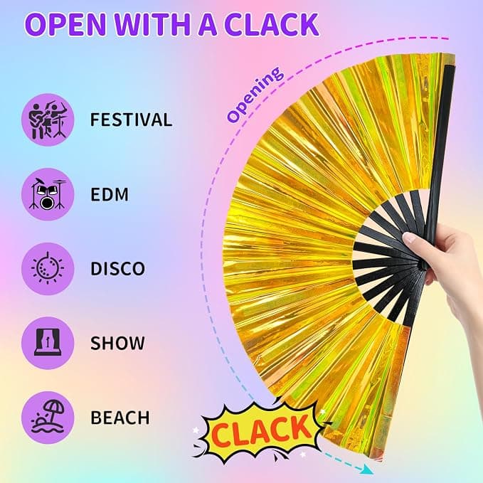 Maitys Large Rave Fan Folding Handheld Fans 13'' Clap Fans for Line Dancing Clack Fan Holographic Festival Accessory for Martial Art Gift Performance, Includes 2 Pouch(Laser Gold,2 Packs)