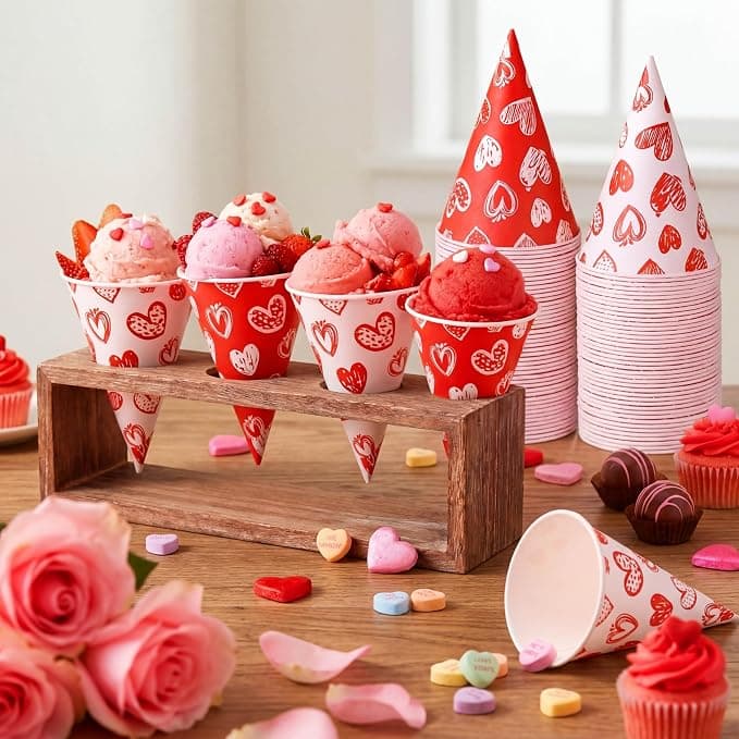 Honeydak 50 Pcs Snow Cone Cups 6 oz Disposable Paper Cone Cups, Red and White Patterned Shaved Ice Cup for Slushies, Ice Cream, Dessert Stations, Backyard Parties and Carnival Supplies