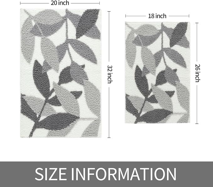 Gibelle Grey Bathroom Rug, Non-Slip Strong Water Absorbent Plush Microfiber Bath Mat, Machine Washable Bathroom Floor Mat Shower Rug Cute Leaves Bathmat Indoor Doormat, 20"x32"