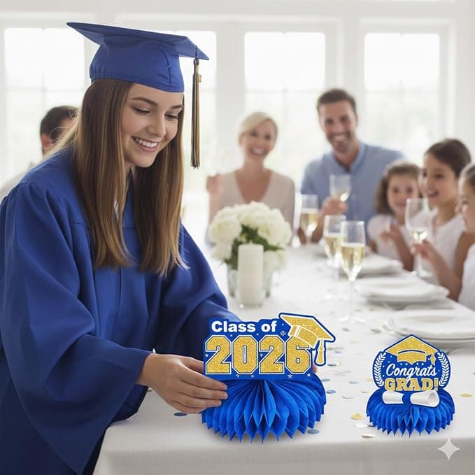 9Pcs Graduation Decorations Class of 2026 - Blue and Gold Congrats Grad Honeycomb Centerpieces, Graduation Table Toppers for 2026 College High School Graduation Party Supplies Decorations