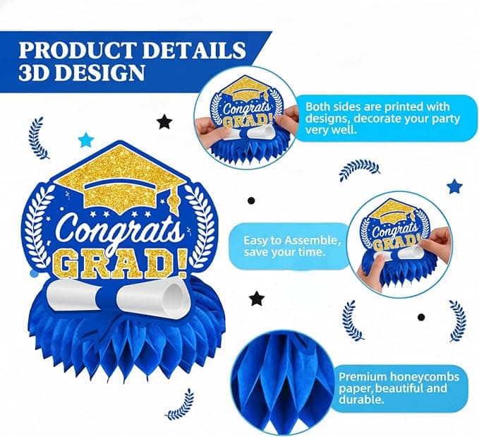 9Pcs Graduation Decorations Class of 2026 - Blue and Gold Congrats Grad Honeycomb Centerpieces, Graduation Table Toppers for 2026 College High School Graduation Party Supplies Decorations