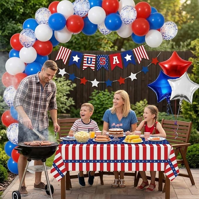 82 Pcs 4th of July Balloon Arch Garland Kit, Red White Blue Confetti Balloons Foil Fringe Backdrop USA Banner and Tablecloth, Patriotic Party Decorations for Memorial Day Labor Day