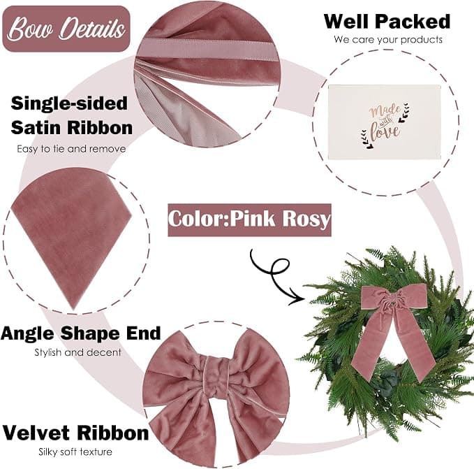AIMUDI Pink Rosy Velvet Bows - 6.5" x 15" Christmas Bows for Gift Wrapping, Tree, Wreath, Garland, Staircase, Home & Outdoor Winter Decorations, 2 PCs