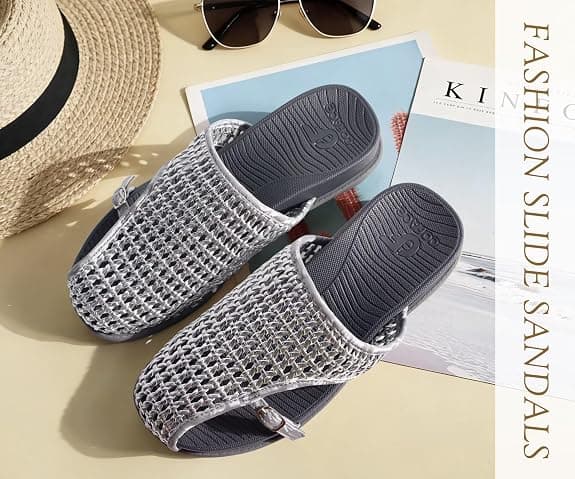 COFACE Womens Orthotic Sandals with Plantar Fasciitis Arch Support Summer Vacation Fashion Flats Sandles Beach Outfits Comfort Thick Cushio Dressy Slides Breathable Woven Mesh Mules, Silver Grey Size 10