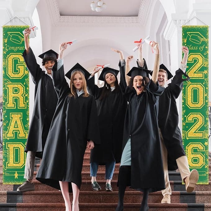 Green and Gold Class of 2026 Graduation Banner Graduation Porch Sign Congrats Grad Banner for Graduates Party Decorations Supplies