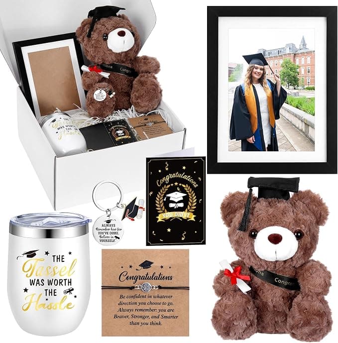 Patelai 7 Pcs Graduation Bear Set for Her Class of 2026 Graduation Gift Congrats Grad Box Gift Set Bear Compass Bracelet Photo Frame 12 oz Tumbler Keychain Card for High School College