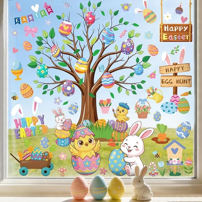 GULWAT 188 PCS Easter Window Clings, Lager PVC Eggs Bunny Chicken Glass Windows Stickers, Double -Sided Removable for Home,Classrooms, Spring Happy Easter Party Kids Gifts Decorations