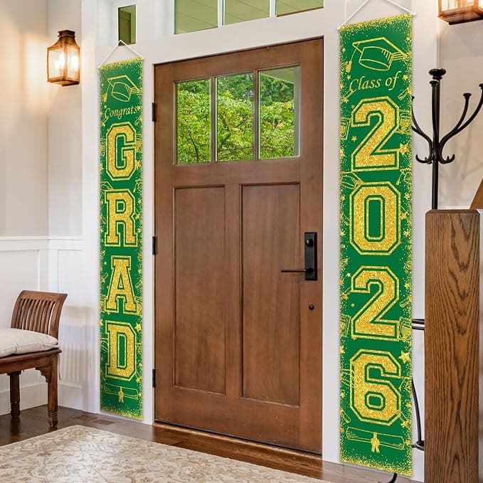 Green and Gold Class of 2026 Graduation Banner Graduation Porch Sign Congrats Grad Banner for Graduates Party Decorations Supplies