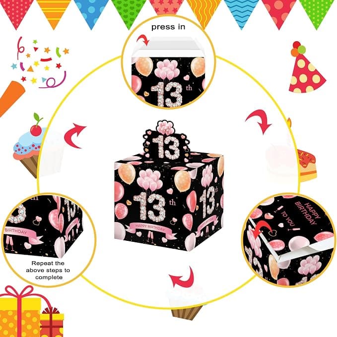 Azbuk 13th Birthday Money Box for Cash Gift, Pink Gold Surprise Birthday Gift Set