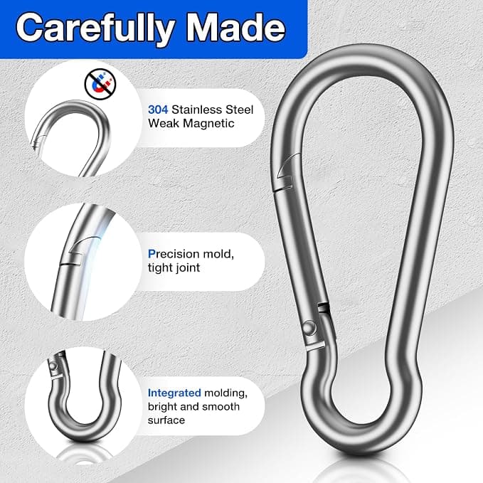 ThreeLeaves 2.36 Inch Stainless Steel Carabiner for Water Bottle. Small Carabiner Clip Heavy Duty.Stainless Steel Spring Snaps Hooks for Water Bottle. (8 Pack)