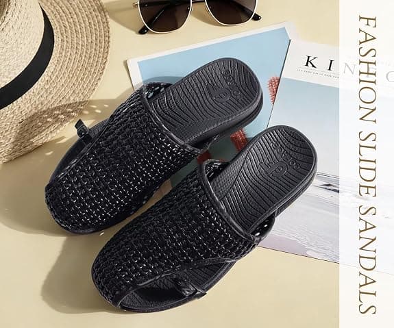 COFACE Womens Orthotic Sandals with Plantar Fasciitis Arch Support Summer Travel Fashion Flats Sandles Beach Essentials Comfort Thick Cushion Dressy Slides Breathable Woven Mesh Mules, Black Size 10