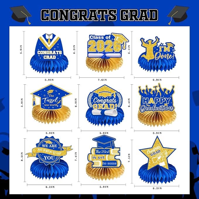 9Pcs Graduation Decorations Class of 2026 - Blue and Gold Congrats Grad Honeycomb Centerpieces, Graduation Table Toppers for 2026 College High School Graduation Party Supplies Decorations