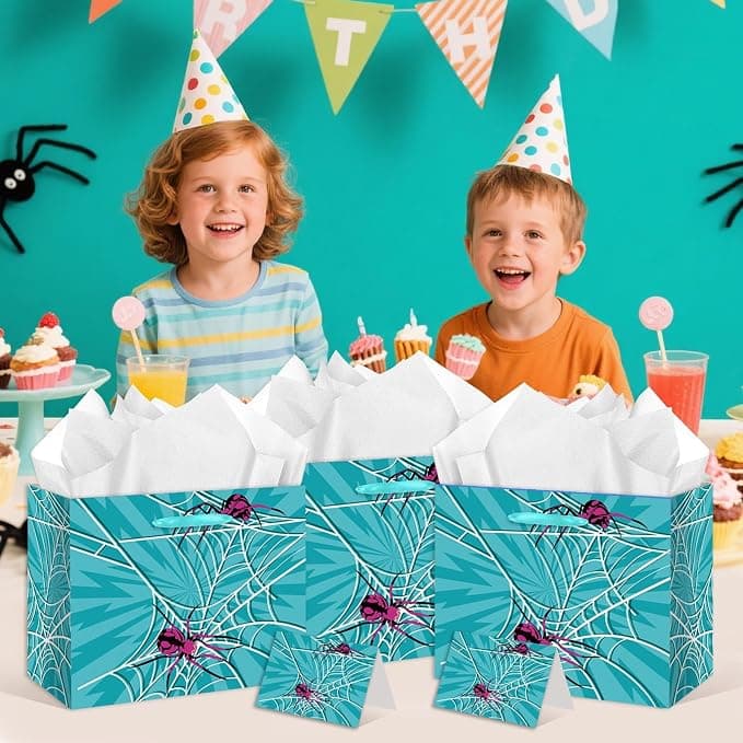 HZRNNA Blue Web Gift Bag, Large Birthday Gift Bag with Tissue Paper and Card for Halloween, Cosplay, and Birthday Party Decorations for Boy Girl