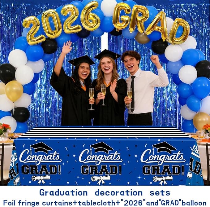 multiwins 7-Pack Graduation Party Decorations Set, 3 Blue Graduation Tablecloths 54x108in, 2026 and Grad Balloons, 2 Foil Fringe Curtains for High School College Graduation Party Photo Booth