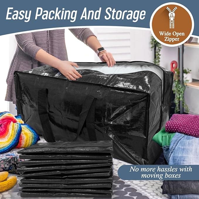 Demao Black Large Moving Bags,6 Pack Heavy Duty Storage Bags,Packing Bag with Handles & Zippers,Foldable Moving Tote Storage Box for Clothes,Relocation,College Dorm & Travel Storage-Moving Essentials