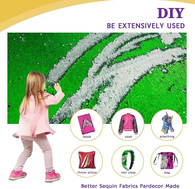 VOK Sequin Flip Fabric by The Yard, Reversible Glitter Fabric for Graffiti, Bridal Dress, Wedding Decorations, Sewing, DIY Handmade (1 yd, Green + Silver)