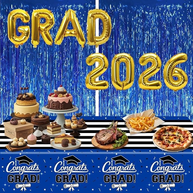 multiwins 7-Pack Graduation Party Decorations Set, 3 Blue Graduation Tablecloths 54x108in, 2026 and Grad Balloons, 2 Foil Fringe Curtains for High School College Graduation Party Photo Booth