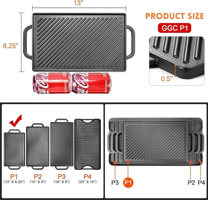 GGC Cast Iron Reversible Grill Griddle，Double Sided Grill Pan Perfect for Gas Grills and Stove Tops, 13 x 8.25 Rectangular Baking Flat and Ribbed Griddle Plate