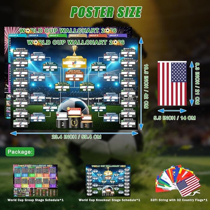 Drezesov 2026 World Cup Schedule Poster Set & 32 Countries String Flag Banner Set, A2 Size-23.4" x 16.5", 2 Pcs World Cup Merchandise 2026 Calendar Wall Chart and Fabric String Flags for Soccer Fans Gifts Home Office Bar Party Decor