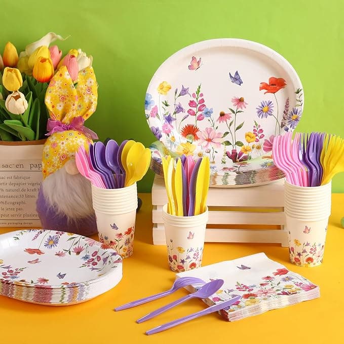 Singhoow 175 Pieces Flower Party Supplies Floral Party Tableware Set for 25 Guests Include Oval Dinner Plates Dessert Plates Napkins Paper Cups Plastic Forks Spoons Knives