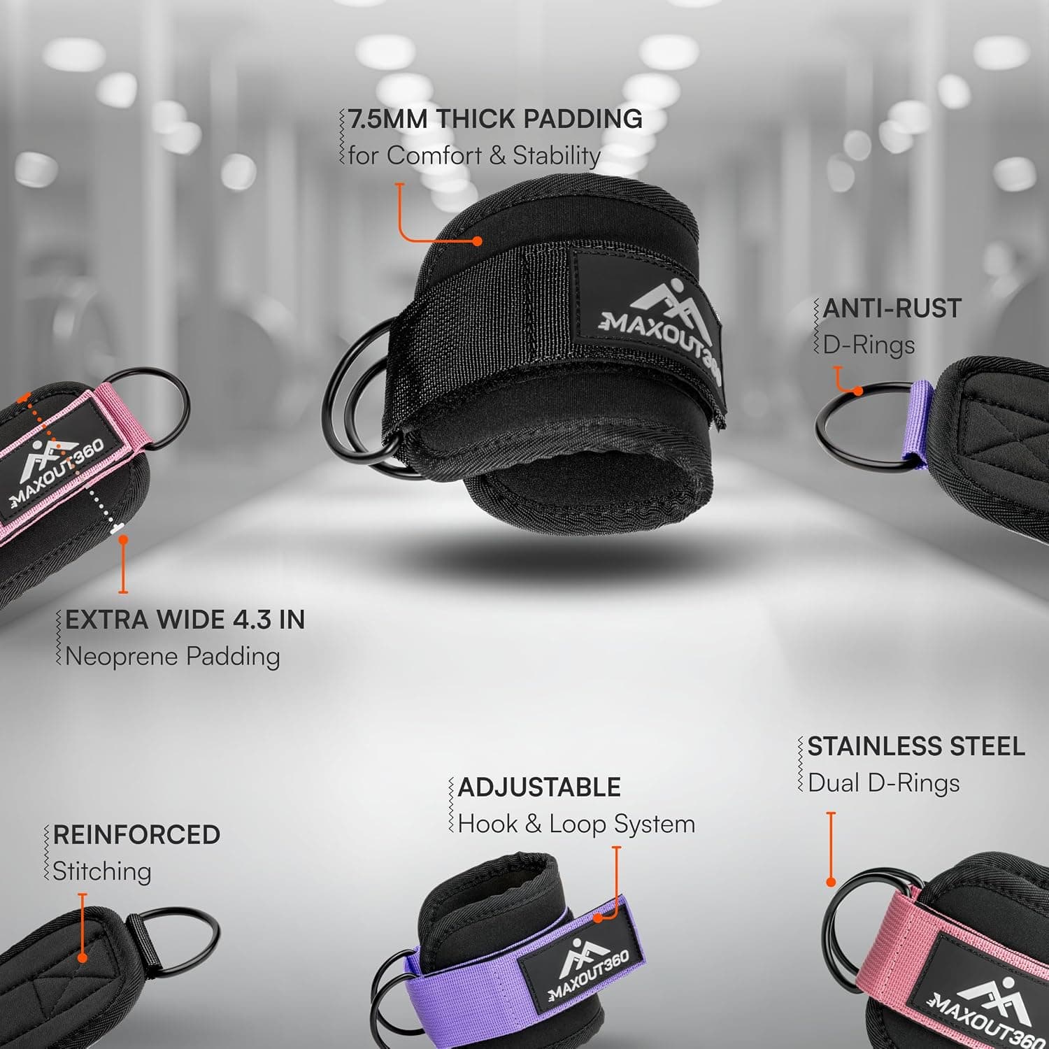 MaxOut360 Gym Ankle Straps for Cable Machines, Thick Padded Ankle Cuff Cable Attachment for Booty Workouts, Kickbacks, Hip Abductors, Lower Body Exercises