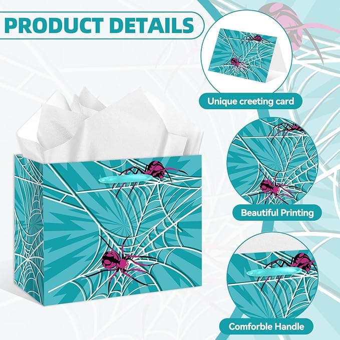 HZRNNA Blue Web Gift Bag, Large Birthday Gift Bag with Tissue Paper and Card for Halloween, Cosplay, and Birthday Party Decorations for Boy Girl