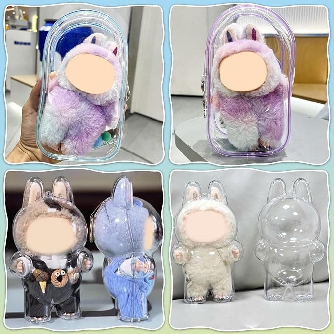 2PCS Clear Figure Display Bag Case for LABU,Cases for Blind Box Doll,Protective Case for Plush Doll,Doll Storage Bag,Clear Hanging Display Case Suitable for Dolls Under 17 CM